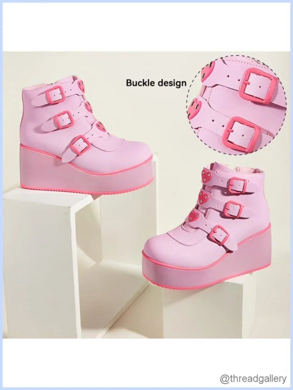 Women Platform Chunky Ankle Boots - Round Toe Zipper Wedges High Heels Buckle